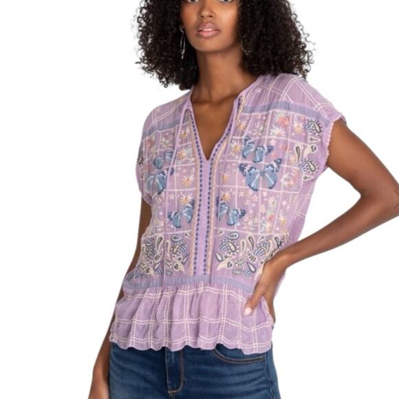 Johnny Was Tops - Johnny Was Top Tie Neck Butterly Floral Embroidered Purple Women’s Size Large